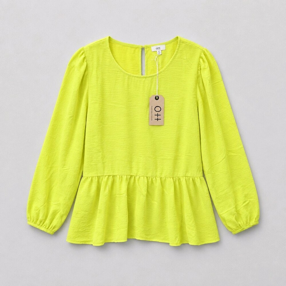 Lime 'N' Chili "OTT" Chartreuse/Neon Lime Peplum Blouse Size S NWT